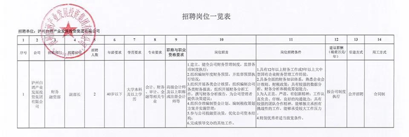 瀘州白酒投集團公開招聘財務融資部副部長