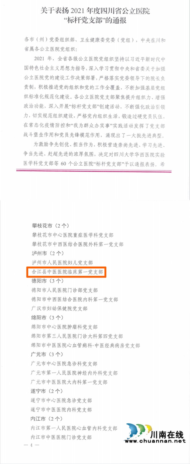 合江縣中醫(yī)醫(yī)院臨床一支部榮獲省公立醫(yī)院“標桿黨支部”稱號(圖1)