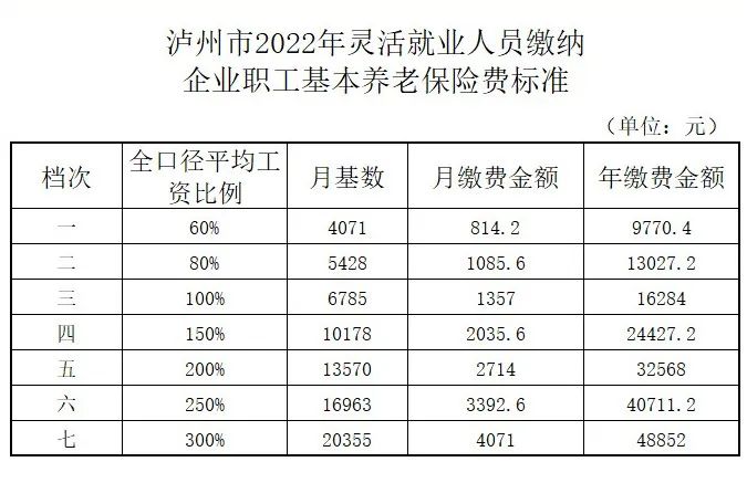 瀘州2022年靈活就業(yè)人員養(yǎng)老保險繳費(fèi)標(biāo)準(zhǔn)公布，分七個檔次