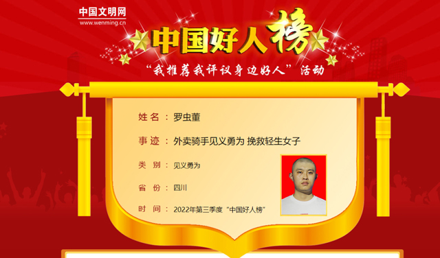 2022年第三季度“中國好人榜”發(fā)布，瀘州外賣小哥羅蟲董上榜