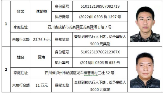納溪區(qū)人民法院發(fā)布執(zhí)行懸賞令
