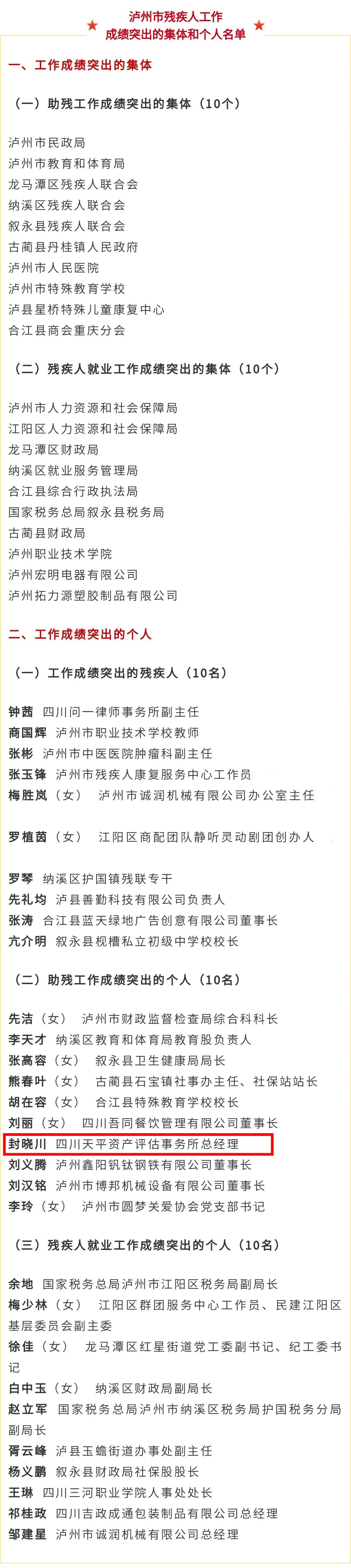 瀘州市新聯(lián)會常務(wù)副會長封曉川榮獲助殘工作成績突出個人
