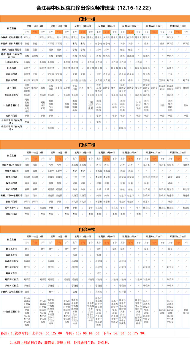合江縣中醫(yī)醫(yī)院12月16日—22日門診坐診信息！