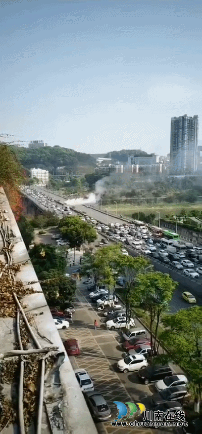 瀘州沱二橋上一輛車燃燒　消防員2分鐘內(nèi)控制住火情(圖2)