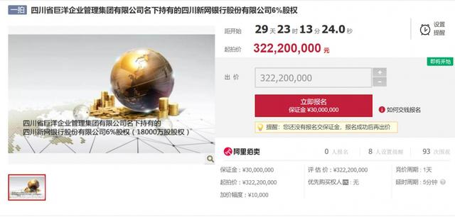 3.2億元！巨洋集團(tuán)無(wú)力償債，所持四川新網(wǎng)銀行1.8億股重啟拍賣
